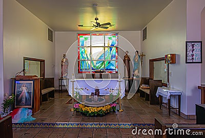 Chancel with altar at Saint Richards church, Borrego Springs, CA, USA Editorial Stock Photo