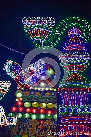 Chandannagar, West Bengal, India November 2018 - Spectacular colourful lighting decoration with LED bulbs during Jagadhatri Puja Editorial Stock Photo