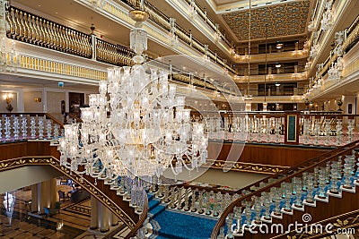 ANTALYA, TURKEY - SEPTEMBER 12: Chandelier and stairs of Mardan Palace luxury hotel, the most expensive Europeans resort Editorial Stock Photo