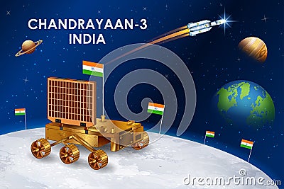 Chandrayaan 3 rocket mission launched by India for lunar exploration missionwith lander Vikram and rover Pragyan Vector Illustration