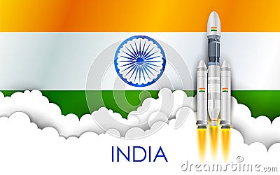 Chandrayaan rocket mission launched by India with tricolor Indian flag Vector Illustration