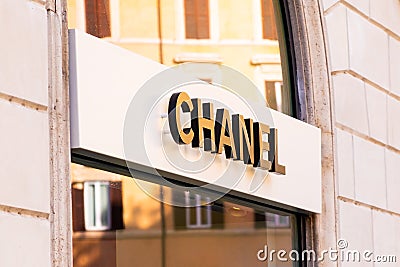 Chanel fashion signboard on the boutique in Rome, March 2023, Rome, Italy Editorial Stock Photo