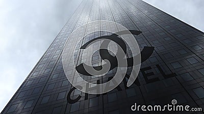 Chanel logo on a skyscraper facade reflecting clouds. Editorial 3D rendering Editorial Stock Photo