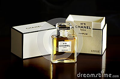 Chanel No 5 french perfume parfum bottle box isolated dark background Editorial Stock Photo