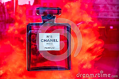 Chanel No. 5 perfume on shop display, Chanel No. 5 is first perfume launched by French couturier Gabrielle `Coco` Chanel Editorial Stock Photo
