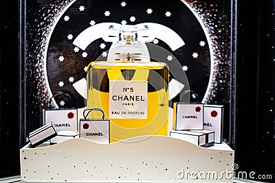 Chanel Paris No. 5 perfume on shop display, Chanel No. 5 is first perfume launched by French couturier Gabrielle `Coco` Chanel Editorial Stock Photo