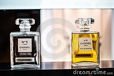 Chanel Paris No. 5 perfume on shop display, Chanel No. 5 is first perfume launched by French couturier Gabrielle `Coco` Chanel Editorial Stock Photo