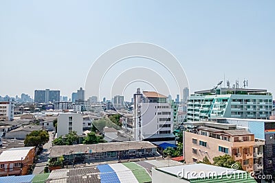 Chang glass buildings in Bangkok city with blue sky background showing its design and traffic. Bangkok, Thailand April 14, 2018 Editorial Stock Photo