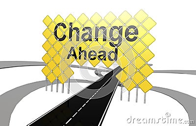 Change ahead word on giant yellow road signs Stock Photo