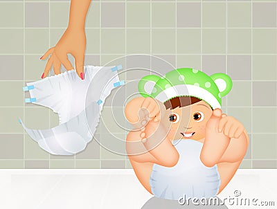 Change the baby`s diaper Cartoon Illustration