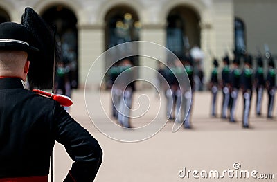 Change of guard ceremony. Norwegian Royal Guard near Royal Palace in Oslo. Changing guard of honor, ceremony Editorial Stock Photo