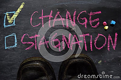 Change or Stagnation written with color chalk concept on the blackboard Stock Photo