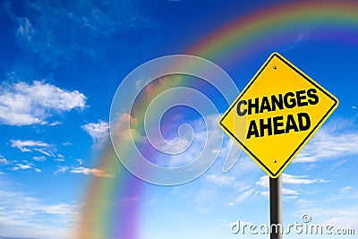 Changes Ahead Sign With Rainbow Background Stock Photo