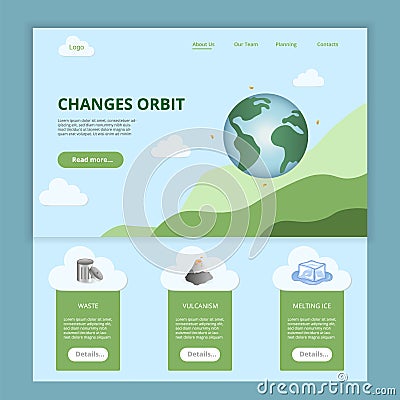 Changes orbit flat landing page website template. Waste, vulcanism, melting ice. Web banner with header, content and Vector Illustration