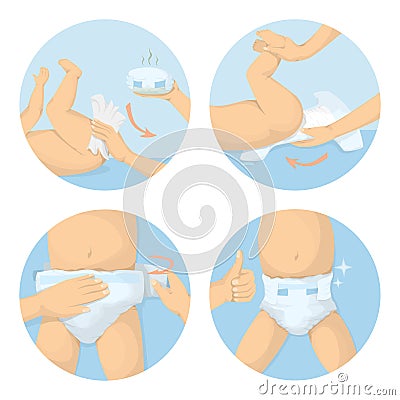 Changing diapers steps. Vector Illustration