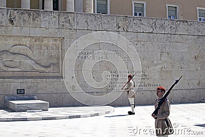 Changing the Evzon guard in front of the Parliament building in Athens. Editorial Stock Photo