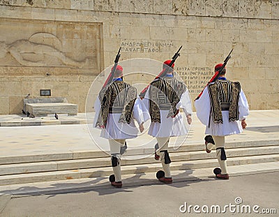 The Changing of the Guard ceremony takes place in front of the Greek Parliament Building. Athens Editorial Stock Photo