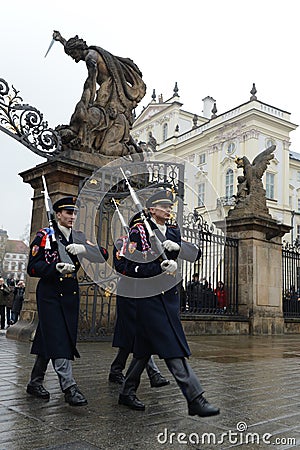 Changing of the guard of honor guards at the Presidential Palace in Prague Castle. Editorial Stock Photo