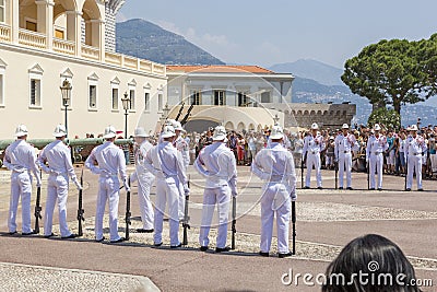 Changing of guard, soldiers in beautiful white military uniform of Palais Square of Monaco, Editorial Stock Photo