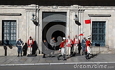 Changing of the guards outside the Palacio Quemado which is a popular name to denote the Bolivian Palace of Government. Editorial Stock Photo