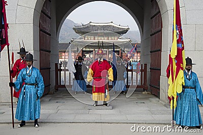 Changing guards performance at Gyeongbokgung Palace Korea Editorial Stock Photo