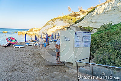Changing rooms for changing into and taking off bathing suits and foot washing facilities and showers on Malama beach in Kapparis Editorial Stock Photo