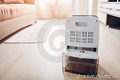 Changing water container of dehumidifier at home. Dampness in apartment. Modern technology Stock Photo