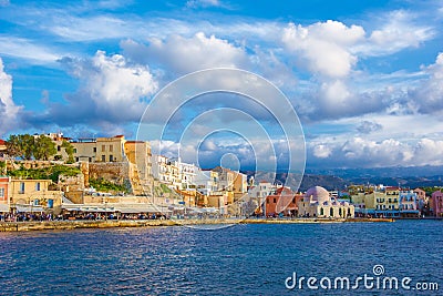 Chania with the amazing lighthouse, at sunset, Crete, Greece. Editorial Stock Photo