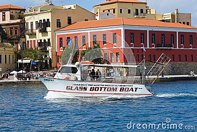 Chania, Crete, 01 October 2018, Tourist boat to see the sea button in the port of Chania Editorial Stock Photo