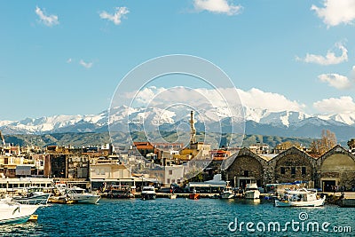 Chania Harbour. Beautiful venetian port with boats Editorial Stock Photo