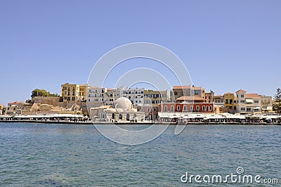 Chania, september 1st: Coastline Panorama of Chania in Crete Island of Greece Editorial Stock Photo
