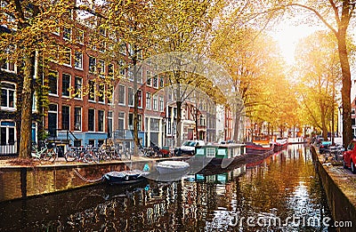 Channel in Amsterdam Netherlands houses river Amstel Stock Photo