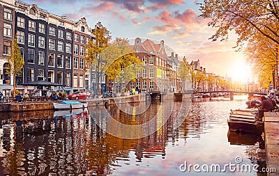 Channel in Amsterdam Netherlands houses river Amstel Stock Photo