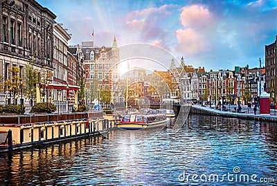 Channel in Amsterdam Netherlands houses river Amstel Stock Photo