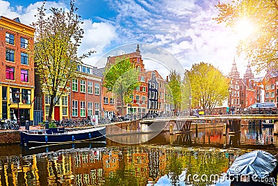 Channel in Amsterdam Netherlands houses river Amstel Editorial Stock Photo