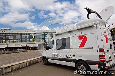 Channel 7 news outside broadcasting van at Wharf Terraces, Sydney Cove, Woolloomooloo. Editorial Stock Photo