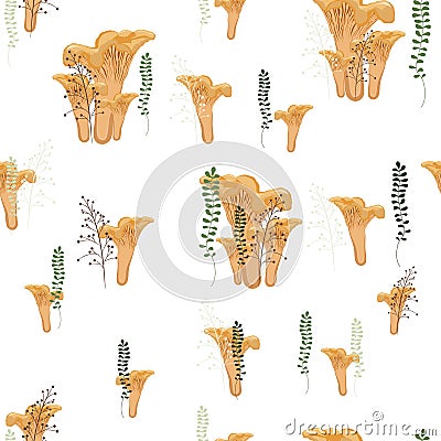 Chanterelles mushrooms autumn seamless pattern with forest wild mushrooms, fern and herbs. Cartoon Illustration