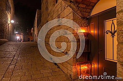 Chanuka lights on old jerusalem city street Stock Photo