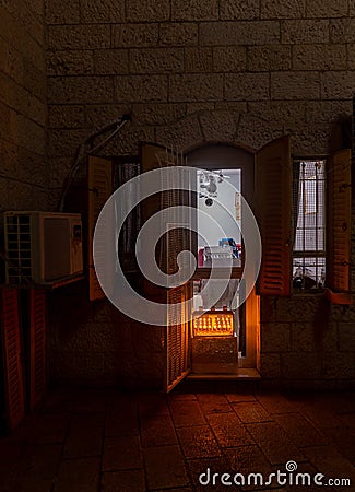 Chanuka lights on old jerusalem city street Stock Photo