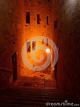 Chanuka lights on old jerusalem city street Stock Photo