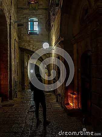 Chanuka lights on old jerusalem city street Stock Photo