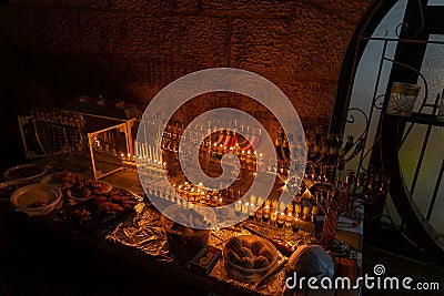 Chanuka lights on old jerusalem city street Stock Photo