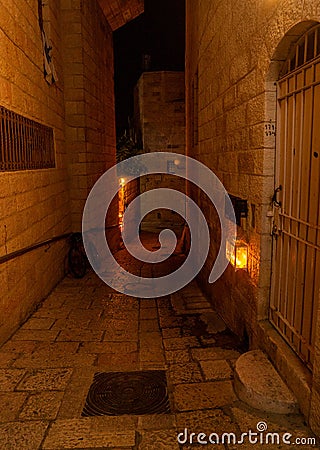 Chanuka lights on old jerusalem city street Stock Photo