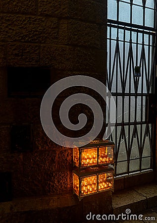 Chanuka lights on old jerusalem city street Stock Photo