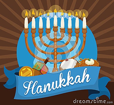 Chanukiah, Gelt, Dreidel, Sufganiyah and Latke to Celebrate Hanukkah, Vector Illustration Vector Illustration