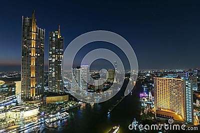 The Chao Phraya River and the night lights are very beautiful. Editorial Stock Photo