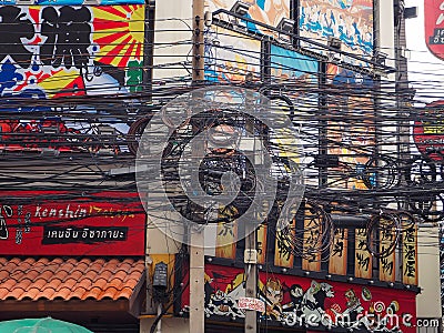The chaos of cables and wires on asoke road Editorial Stock Photo