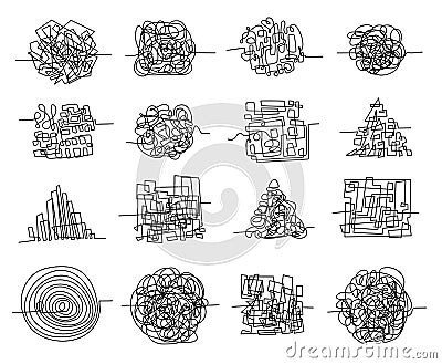 Chaos line scribbles and random tangled maze shapes. Pen doodle concept of messy thoughts, complicated problem and Vector Illustration
