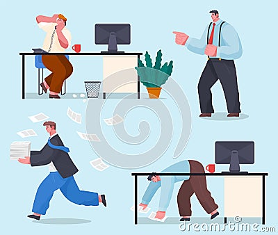 Chaos in office concept. Idea of many work and few time. Employee in a hurry. Panic and deadline Vector Illustration