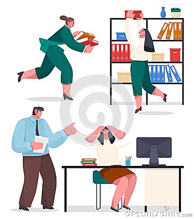 Chaos in office, confused office workers, woman with folders running, serching archive files in box Vector Illustration